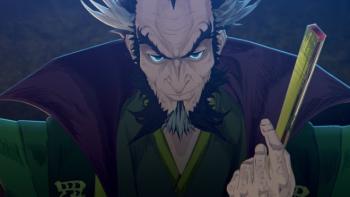 Batman Ninja vs. Yakuza League movie: Close-up of Ra's al Ghul (older man with white hair, black beard), looks at camera while holding folded up fan