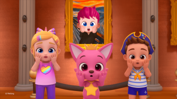 Bebefinn Sing-Along Movie Into The Pinkfong World Movie: Bora, Pinkfong and Brody do a surprised expressions in an art gallery.