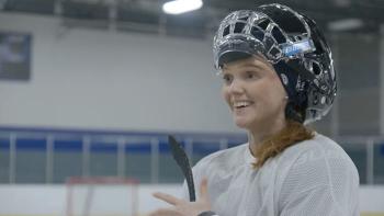 Before the Ice Melts movie: Molly Peyton smiles as hockey helmet sits on top of her head