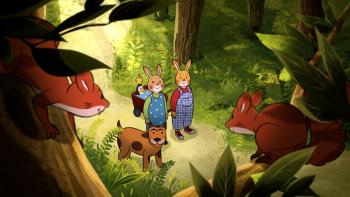 Two animated rabbits and a dog walk through a dark forest with squirrels looking at them from the trees