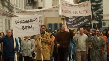 Between Borders movie: Azerbaijan protest with signs that read "Death to Armenians"