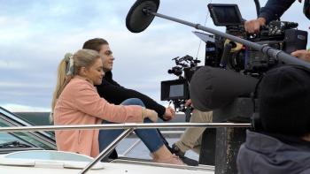 Beyond After: Hero Fiennes-Tiffin and Josephine Langford on a boat during shoot.