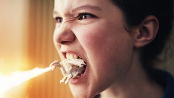 Blaze Movie: An angry Blaze (Julia Savage) imagines that a miniature dragon inside her mouth is shooting flames at something