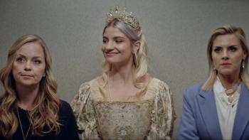 Blue Eyed Girl movie: Ashley Jones stands smiling, wearing a princess outfit, as Eliza Coupe and Marisa Coughlan are upset