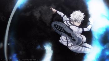 BLUE LOCK THE MOVIE -EPISODE NAGI- Movie: A soccer player with white hair performs a strong kick, surrounded by blue energy.