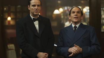 Blue Moon Movie: Songwriting partners Richard Rodgers (Andrew Scott) and Lorenz Hart (Ethan Hawke) stand together