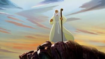 Book of Joshua: Animated image of an older man (Moses) standing on a hill holding a cane