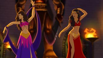 Animated images of two women belly dancing in front in a cavern
