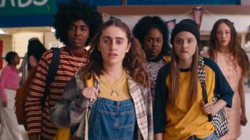 Bottoms Movie: The fight club is grouped together in a school gym, staring at the camera