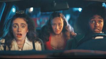 Bottoms Movie: Josie is at the wheel of a car, with PJ sitting beside her and Isabel in back