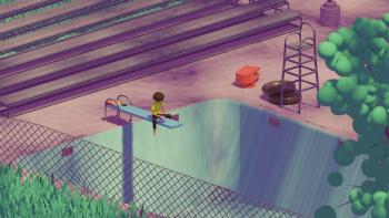 Boys Go to Jupiter movie: Billy sits with an alien on a diving board above a drained and empty pool