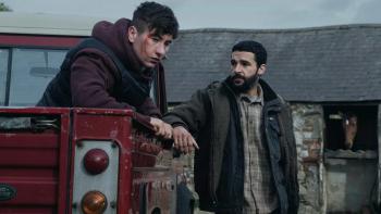 Bring Them Down: Barry Keoghan in the back of a pick-up truck, Christopher Abbot stands nearby
