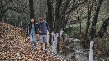Bring Her Back Movie: Piper (Sora Wong) holds her half-sibling Andy's (Billy Barratt) arm as they walk through the woods