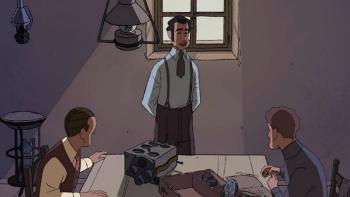 Buñuel in the Labyrinth of the Turtles Movie: Luis Buñuel stands in a darkened room, while two of his friends sit at a table next to him