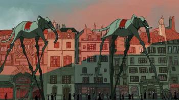 Buñuel in the Labyrinth of the Turtles Movie : Two long-legged elephants stride past a row of houses in a surreal scene