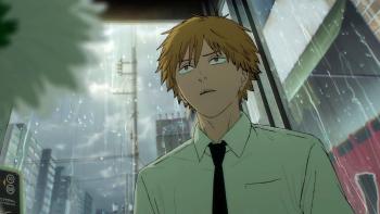 Chainsaw Man – The Movie: Reze Arc Movie: A dazed-looking Denji, in a shirt and tie, waits out a rainstorm in a phone booth