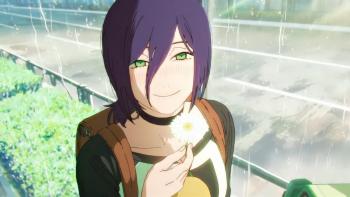 Chainsaw Man – The Movie: Reze Arc Movie: Reze, with purple hair in her face and green eyes, holds a flower, eyes shining