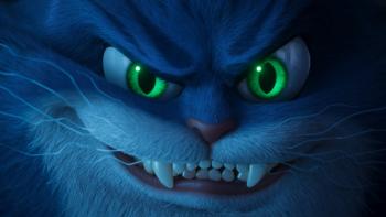 Charlie the Wonderdog movie: Extreme close-up of the face of a cat with sharp fangs and menacing eyes