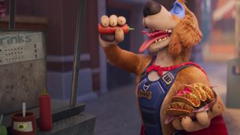 Charlie the Wonderdog movie: A dog in mask, cape, and overalls stands on two legs, holds four tacos, and squirts hot sauce into his mouth