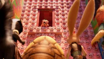 Chickenhare and the Secret of the Groundhog: Animals face a pink wall of pigs