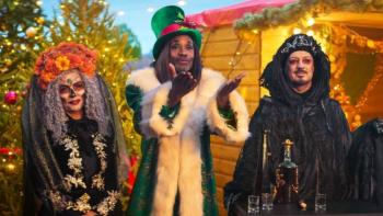 Christmas Karma: Three ghosts in elaborate costumes including Day of the Dead makeup, green fur-trimmed coat with top hat, and black hooded robe