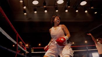 Christy movie: Boxer Christy Martin (Sydney Sweeney) smiles after winning her boxing match
