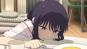 Cosmic Princess Kaguya movie: Japanese anime teen girl with black hair has chin on table staring forlornly at breakfast plate of food