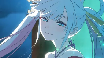 Cosmic Princess Kaguya movie: With blue highlights and tone, an anime princess and her hair sparkle in blue light