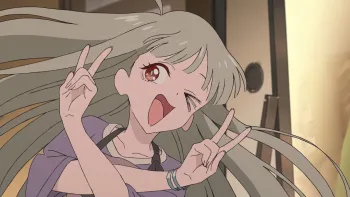 Cosmic Princess Kaguya movie: Japanese teen girl with blond hair crosses arms and puts up two fingers on each hand ("peace sign") while smiling