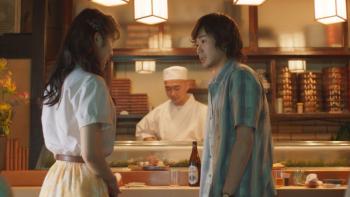 Cottontail: Yuri Tsunematsu and Kosei Kudo stand looking at each other in front of a restaurant bar