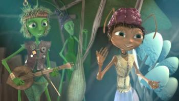 Cricket & Antoinette: Colorful animated bugs dressed as people and acting as musicians stand together 