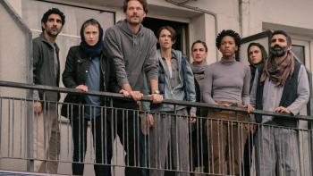 Dirty Angels movie: Five women and three men stare at something while standing on a balcony