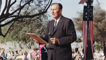 Disneyland Handcrafted: Walt Disney gives an opening day speech.