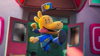 Dog Man movie: An animated dog wearing a police uniform happily skips down a purple hallway