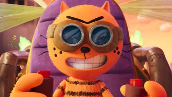 Dog Man movie: Petey, the cat villain, grimaces while wearing goggles