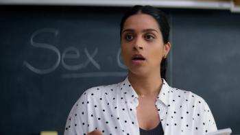 Doin' It Movie: Lilly Singh looks surprised in front of a blackboard with the word "sex" written on it