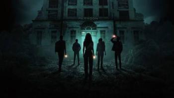 Do Not Enter Movie: Silhouetted figures with flashlights near a haunted house at night.