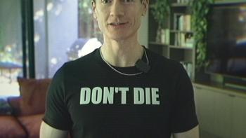 Don't Die: The Man Who Wants to Live Forever movie: White middle-aged man in black t-shirt with text that says, "DON'T DIE" in white letters