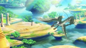 Dragon Heart: Adventures Beyond This World movie: Ryusuke and Tomomi stand on land while looking at a dragon