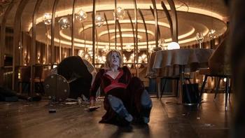 Drop Movie: Violet is on the floor, looking panicked, as if scrambling backward from an unseen threat