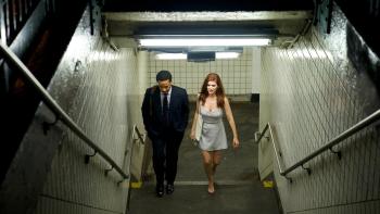 The Dutchman Movie: Clay (André Holland) and Lula (Kate Mara) talk as they climb the stairway out of the subway together