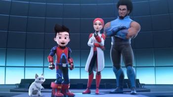 Ejen Ali: The Movie 2: Three characters stand in a dark room next to a white cat with concerned looks on their faces