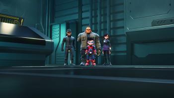 Ejen Ali: The Movie 2: Animated characters stand in a dark room