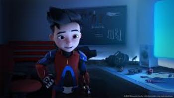 Ejen Ali: The Movie 2: Animated character stands in a dark room with a supersuit on