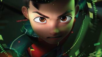 Ejen Ali: The Movie 2: An animated boy stands in the middle of a supersuit with an intense look on his face