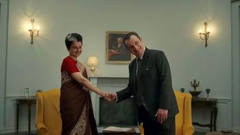 Emergency: Kangana Ranaut as Prime Minister Indira Gandhi shaking hands with a man