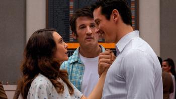 Eternity movie: Elizabeth Olsen and Callum Turner look deeply into each other's eyes, with Miles Teller wedged between them