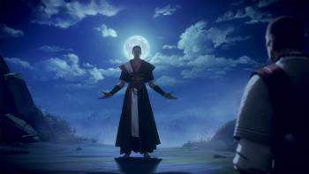 Exorcism Chronicles: The Beginning Movie: Evil Master Seo, framed by a full moon, makes a gesture of threat and power