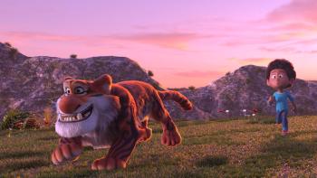 Extinction: Animals Unite! movie: Tigy runs in an open field with Mohsen running behind him
