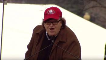 Fahrenheit 11/9 Movie: Michael Moore gives a speech wearing a San Francisco 49ers cap